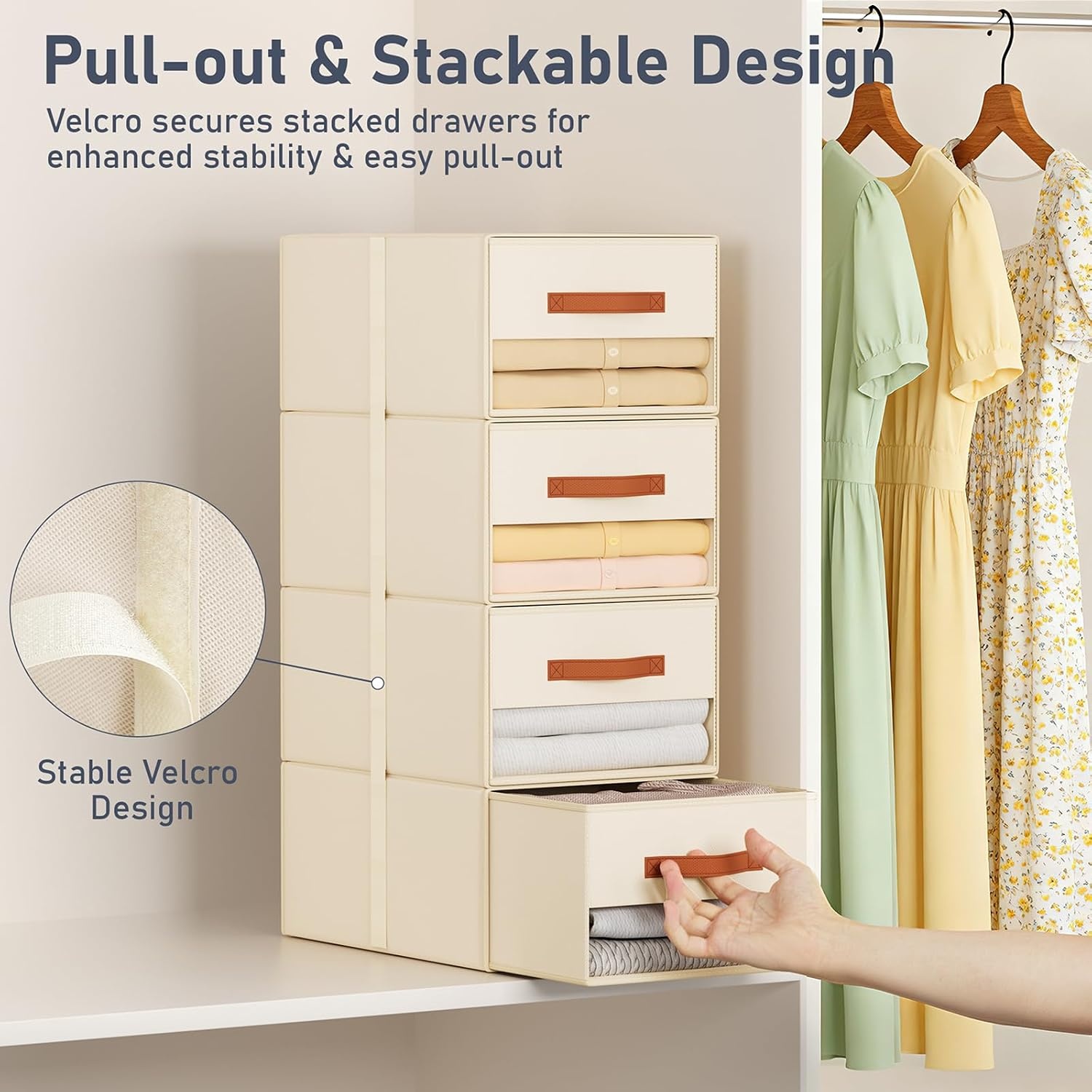 image:imageDIMJ Closet Organizers and Storage Foldable Storage Bins with Drawers Fabric Stackable Storage Drawers with Clear WindowFabric Clothes Organizers and Storage Drawers for Closet 4Pack BlackBeige