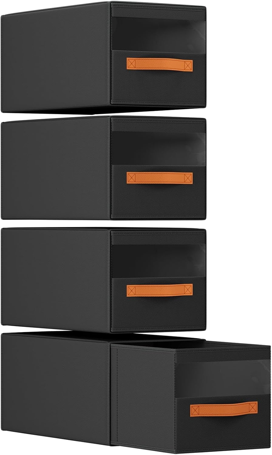 image:imageDIMJ Closet Organizers and Storage Foldable Storage Bins with Drawers Fabric Stackable Storage Drawers with Clear WindowFabric Clothes Organizers and Storage Drawers for Closet 4Pack BlackBlack