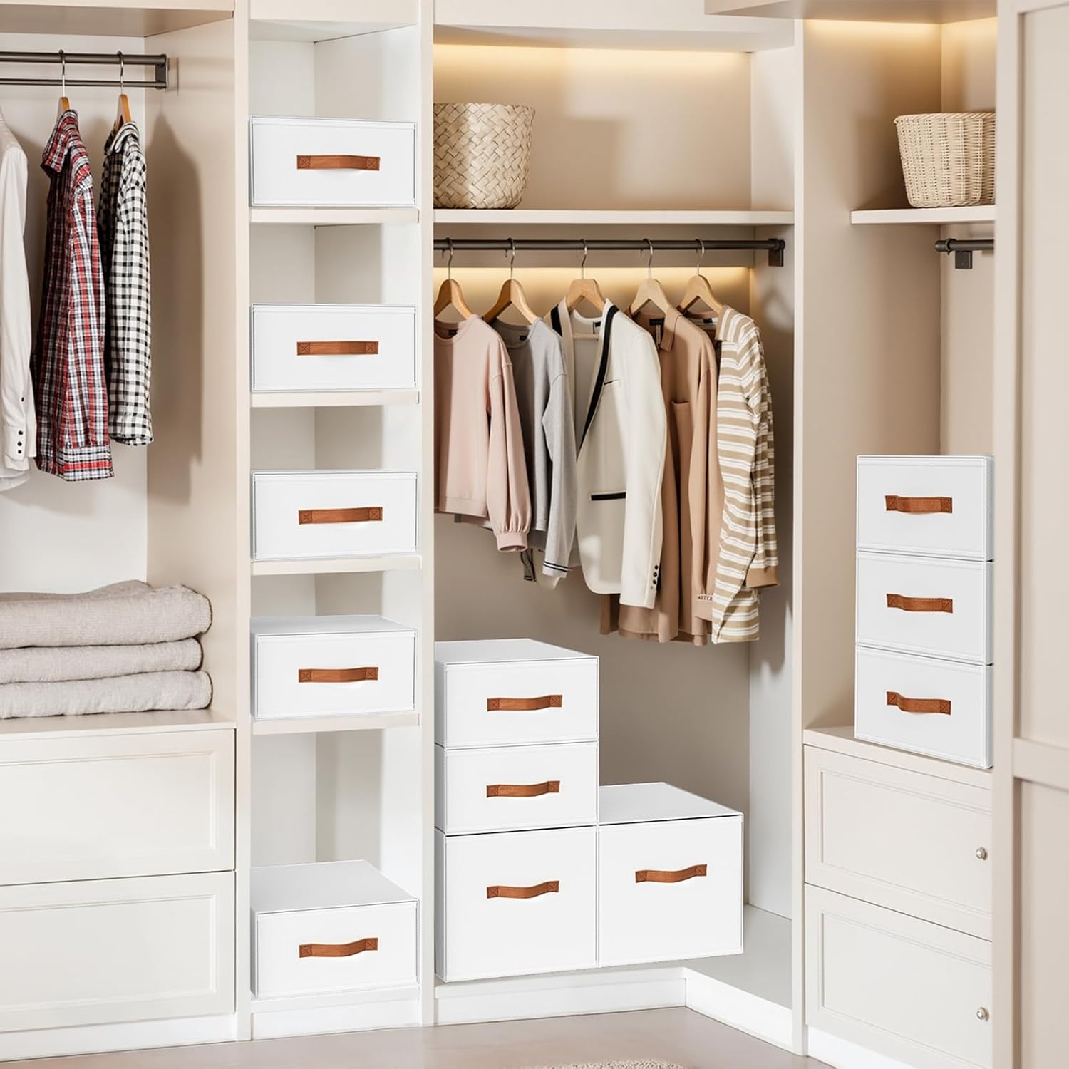 image:imageDIMJ Closet Organizers and Storage Foldable Storage Bins with Drawers Fabric Stackable Storage Drawers with Clear WindowFabric Clothes Organizers and Storage Drawers for Closet 4Pack BlackWhite