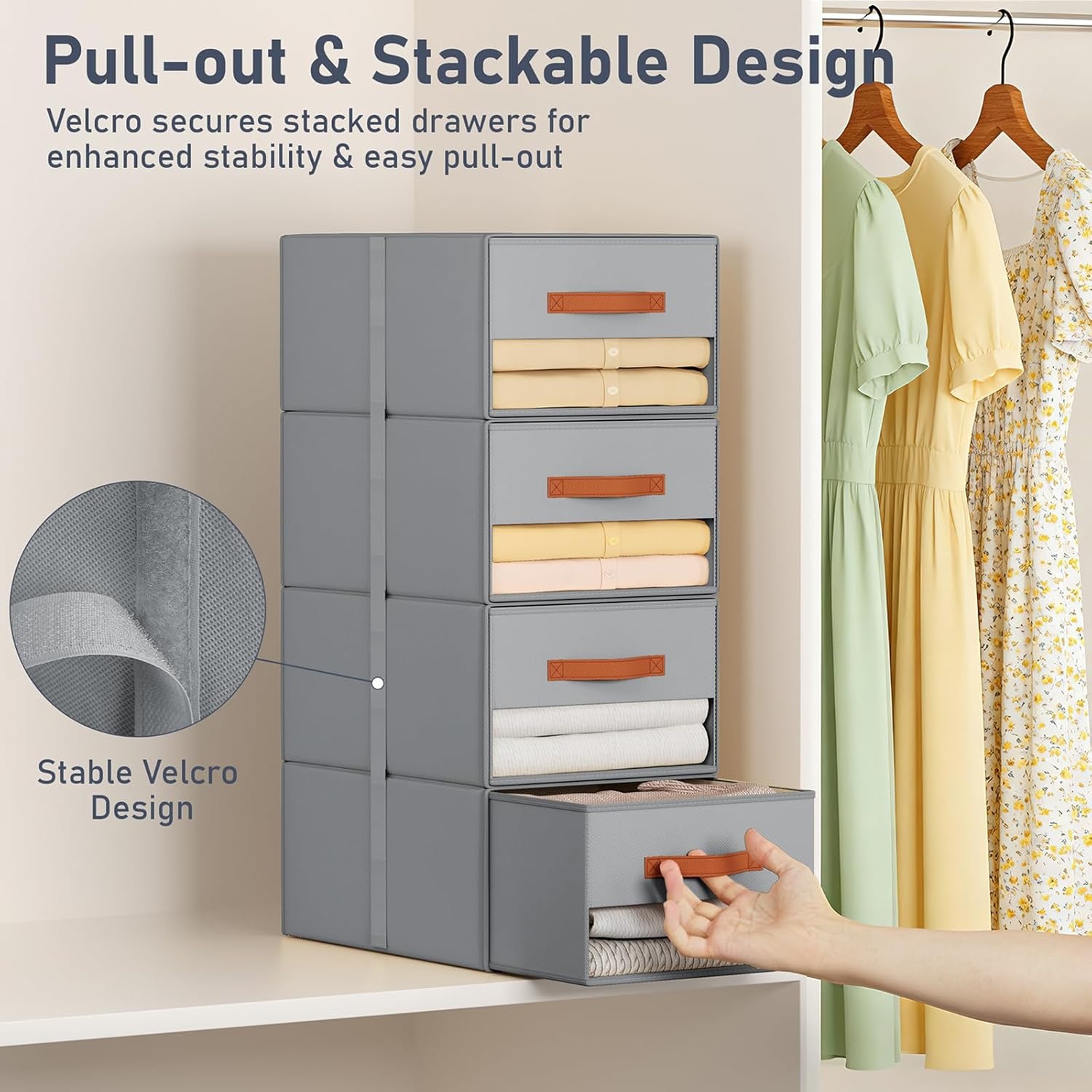 image:imageDIMJ Closet Organizers and Storage Foldable Storage Bins with Drawers Fabric Stackable Storage Drawers with Clear WindowFabric Clothes Organizers and Storage Drawers for Closet 4Pack BlackGrey