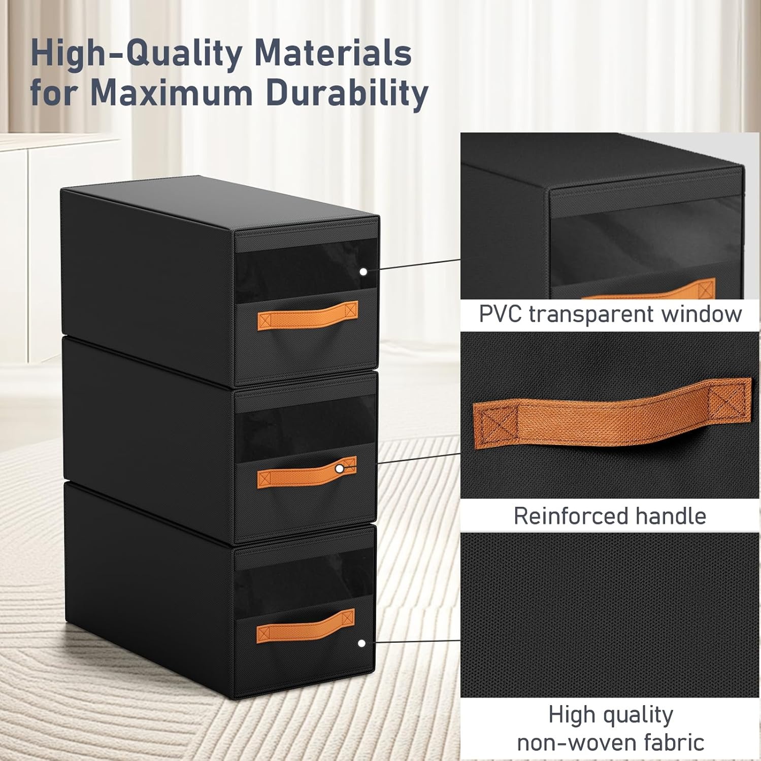 image:imageDIMJ Closet Organizers and Storage Foldable Storage Bins with Drawers Fabric Stackable Storage Drawers with Clear WindowFabric Clothes Organizers and Storage Drawers for Closet 4Pack BlackBlack