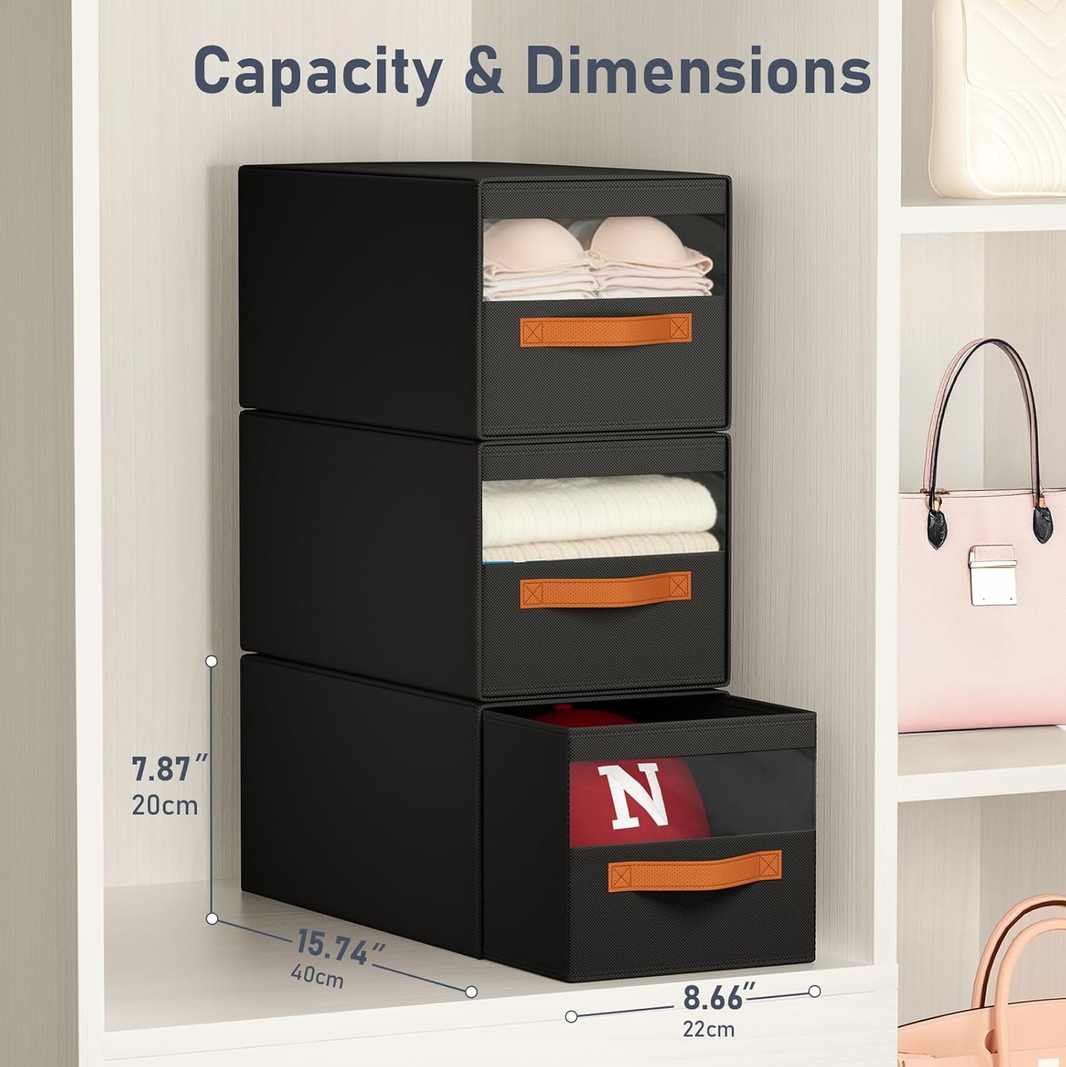 image:imageDIMJ Closet Organizers and Storage Foldable Storage Bins with Drawers Fabric Stackable Storage Drawers with Clear WindowFabric Clothes Organizers and Storage Drawers for Closet 4Pack BlackBlack