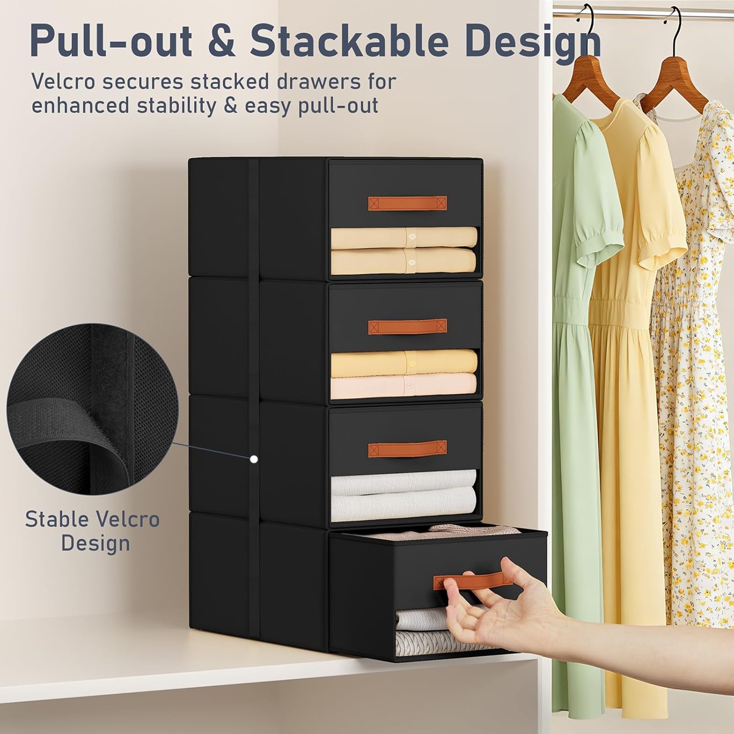 image:imageDIMJ Closet Organizers and Storage Foldable Storage Bins with Drawers Fabric Stackable Storage Drawers with Clear WindowFabric Clothes Organizers and Storage Drawers for Closet 4Pack BlackBlack