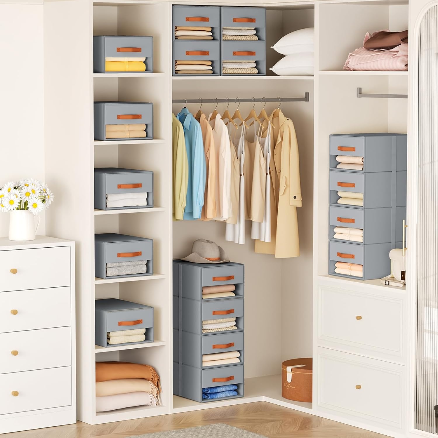 image:imageDIMJ Closet Organizers and Storage Foldable Storage Bins with Drawers Fabric Stackable Storage Drawers with Clear WindowFabric Clothes Organizers and Storage Drawers for Closet 4Pack BlackGrey