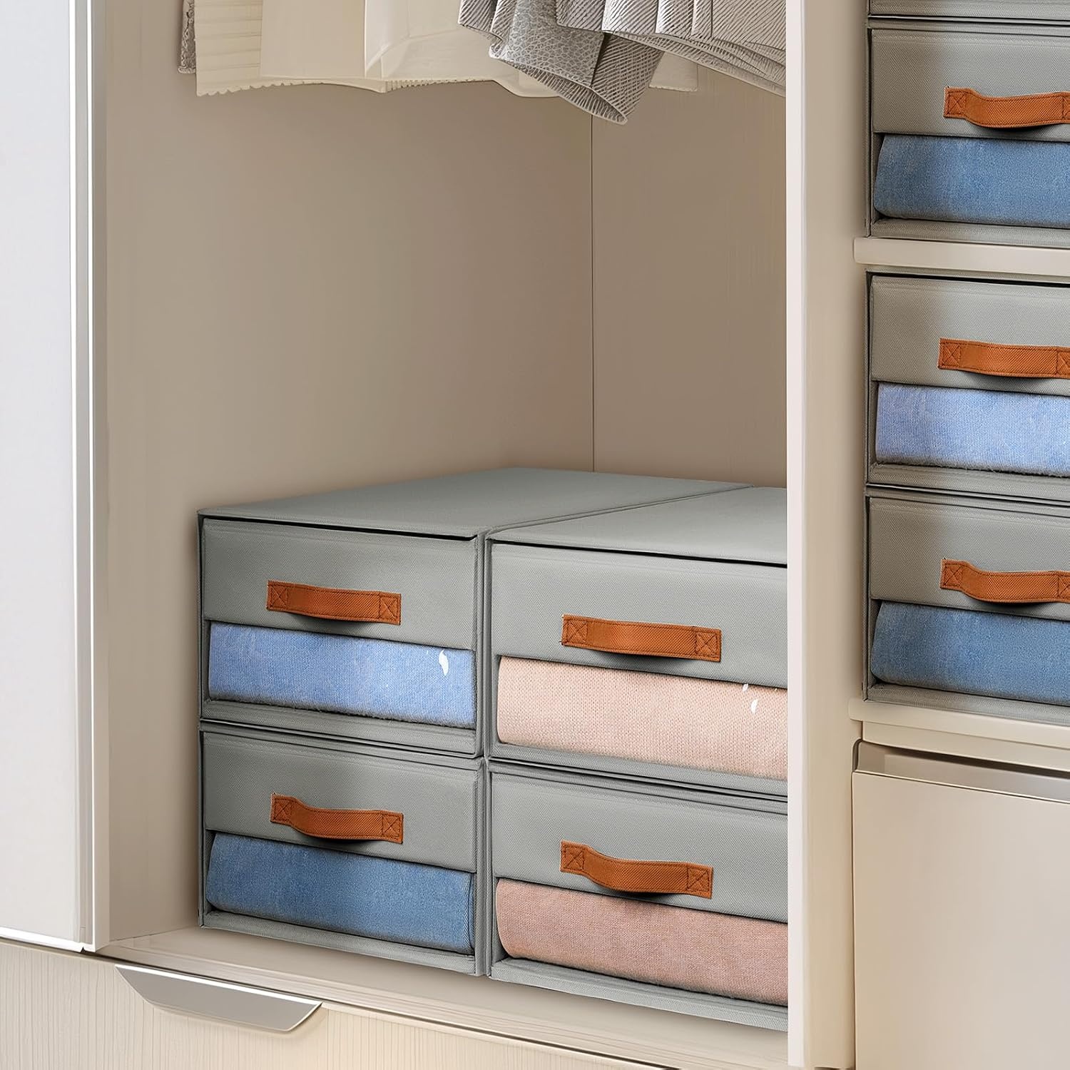 image:imageDIMJ Closet Organizers and Storage Foldable Storage Bins with Drawers Fabric Stackable Storage Drawers with Clear WindowFabric Clothes Organizers and Storage Drawers for Closet 4Pack BlackGrey