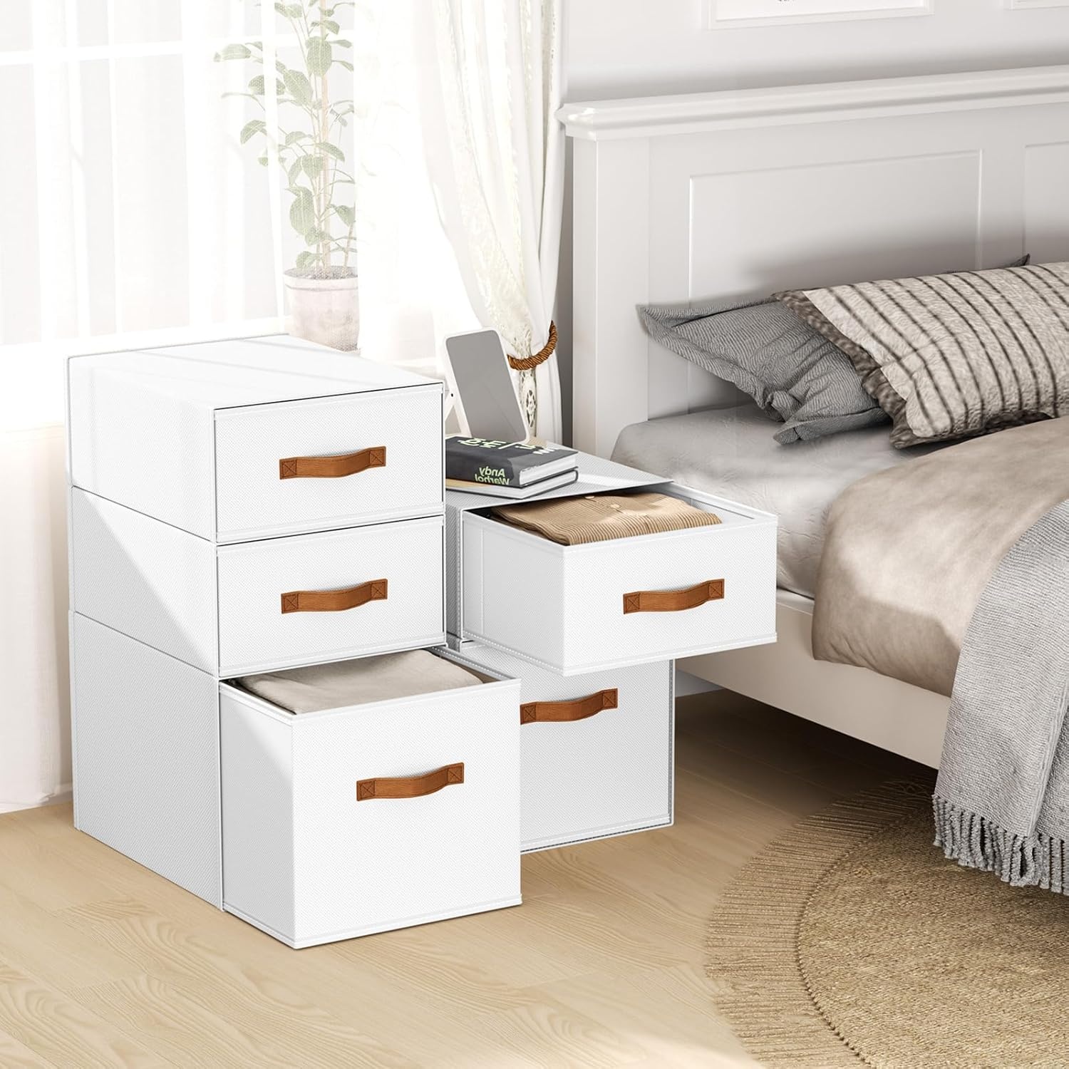 image:imageDIMJ Closet Organizers and Storage Foldable Storage Bins with Drawers Fabric Stackable Storage Drawers with Clear WindowFabric Clothes Organizers and Storage Drawers for Closet 4Pack BlackWhite