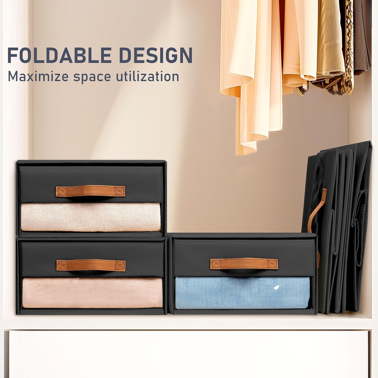 image:imageDIMJ Closet Organizers and Storage Foldable Storage Bins with Drawers Fabric Stackable Storage Drawers with Clear WindowFabric Clothes Organizers and Storage Drawers for Closet 4Pack BlackBlack