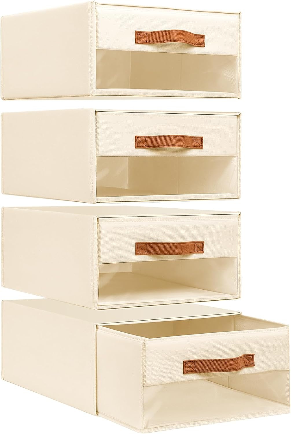 image:imageDIMJ Closet Organizers and Storage Foldable Storage Bins with Drawers Fabric Stackable Storage Drawers with Clear WindowFabric Clothes Organizers and Storage Drawers for Closet 4Pack BlackBeige