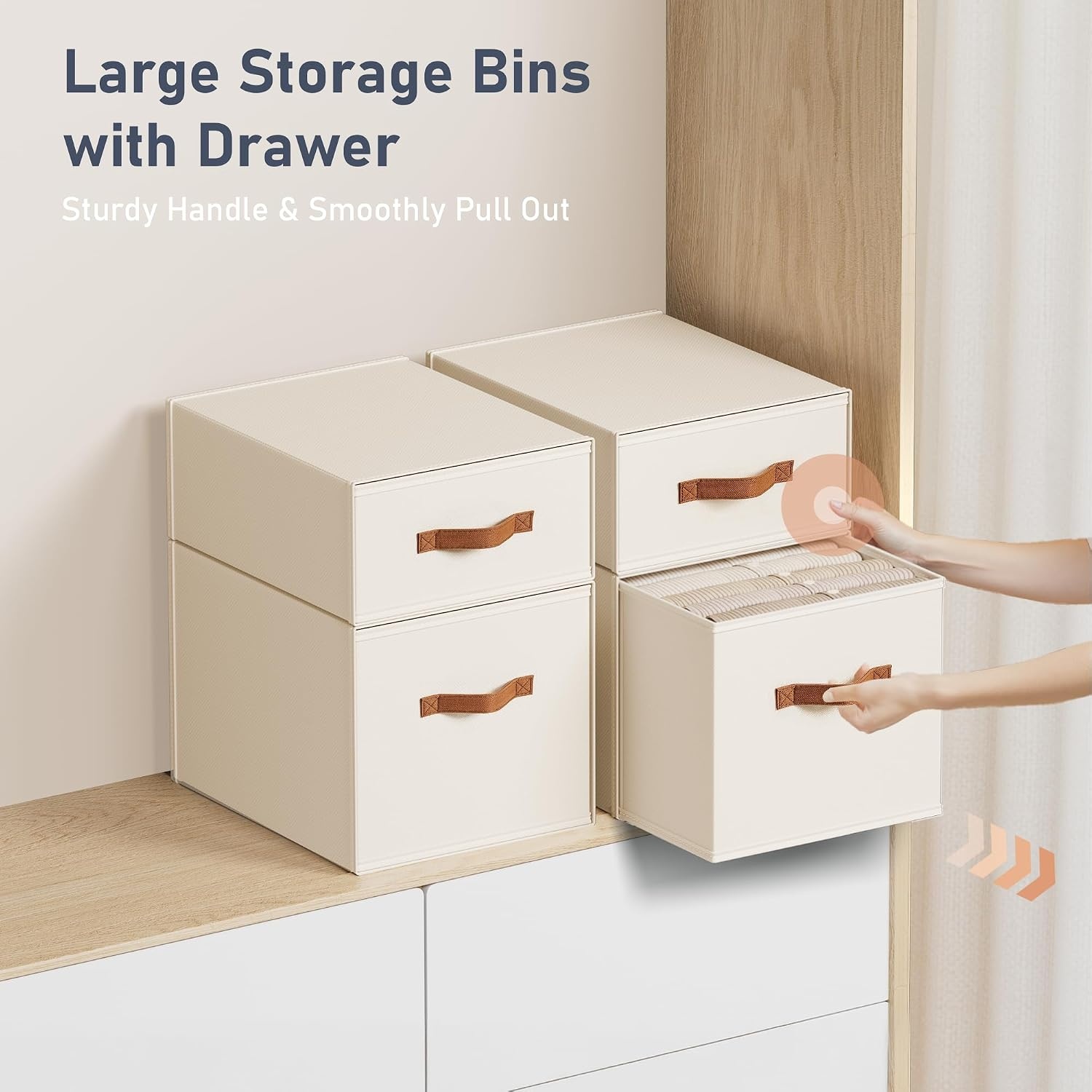 image:imageDIMJ Closet Organizers and Storage Foldable Storage Bins with Drawers Fabric Stackable Storage Drawers with Clear WindowFabric Clothes Organizers and Storage Drawers for Closet 4Pack BlackBeige