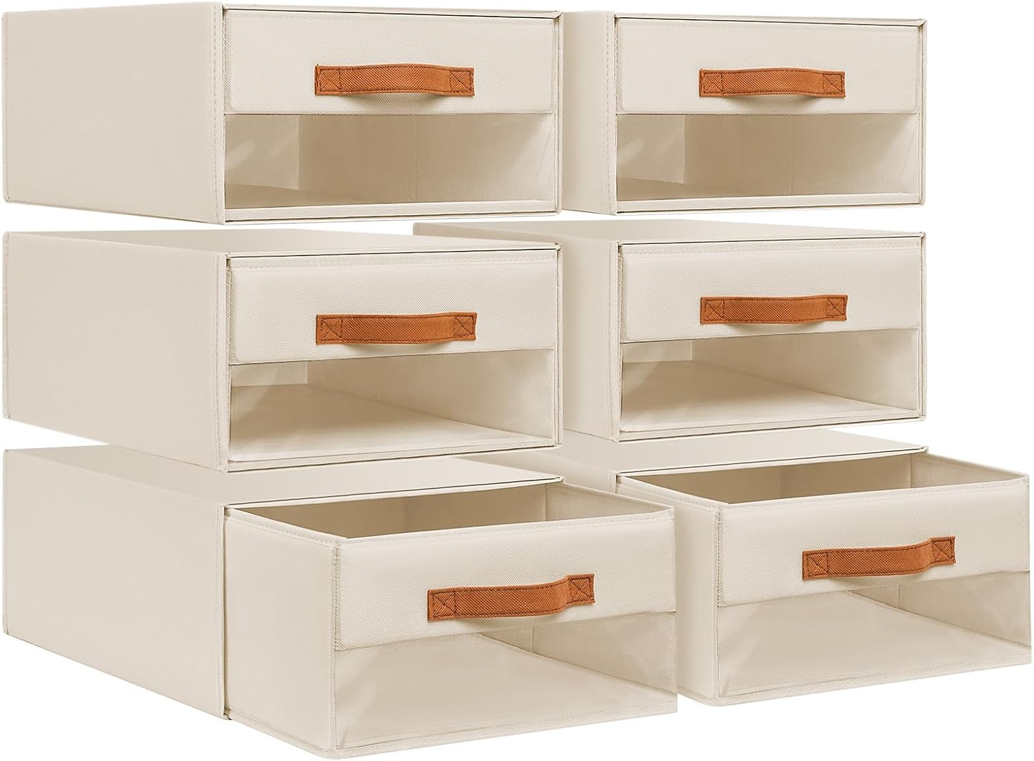image:imageDIMJ Closet Organizers and Storage Foldable Storage Bins with Drawers Fabric Stackable Storage Drawers with Clear WindowFabric Clothes Organizers and Storage Drawers for Closet 4Pack BlackBeige