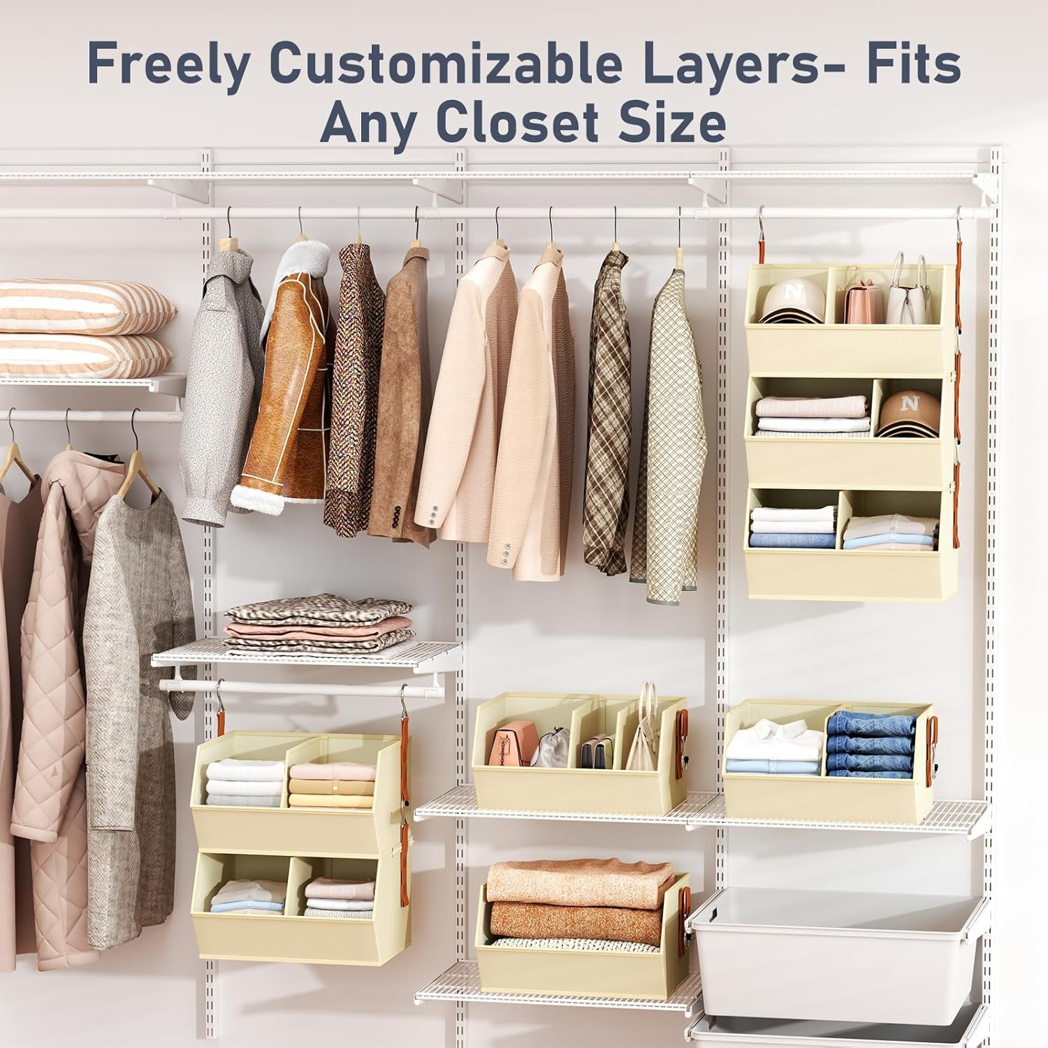 image:imageHanging Closet Organizer Extra Large Clothes Hanging Shelves for Closet with Divider Collapsible Closet Storage System Fabric Closet Hanging Organizer for Home Dorm Rv Handbags Underwear SockBeige