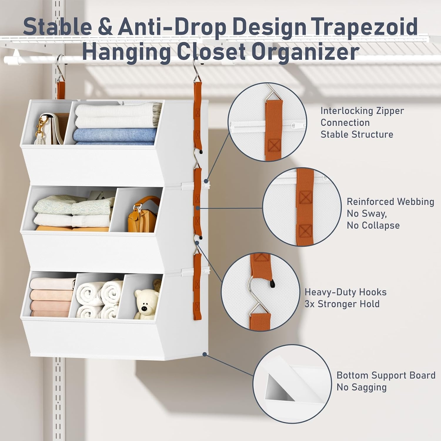 image:imageHanging Closet Organizer Extra Large Clothes Hanging Shelves for Closet with Divider Collapsible Closet Storage System Fabric Closet Hanging Organizer for Home Dorm Rv Handbags Underwear SockWhite