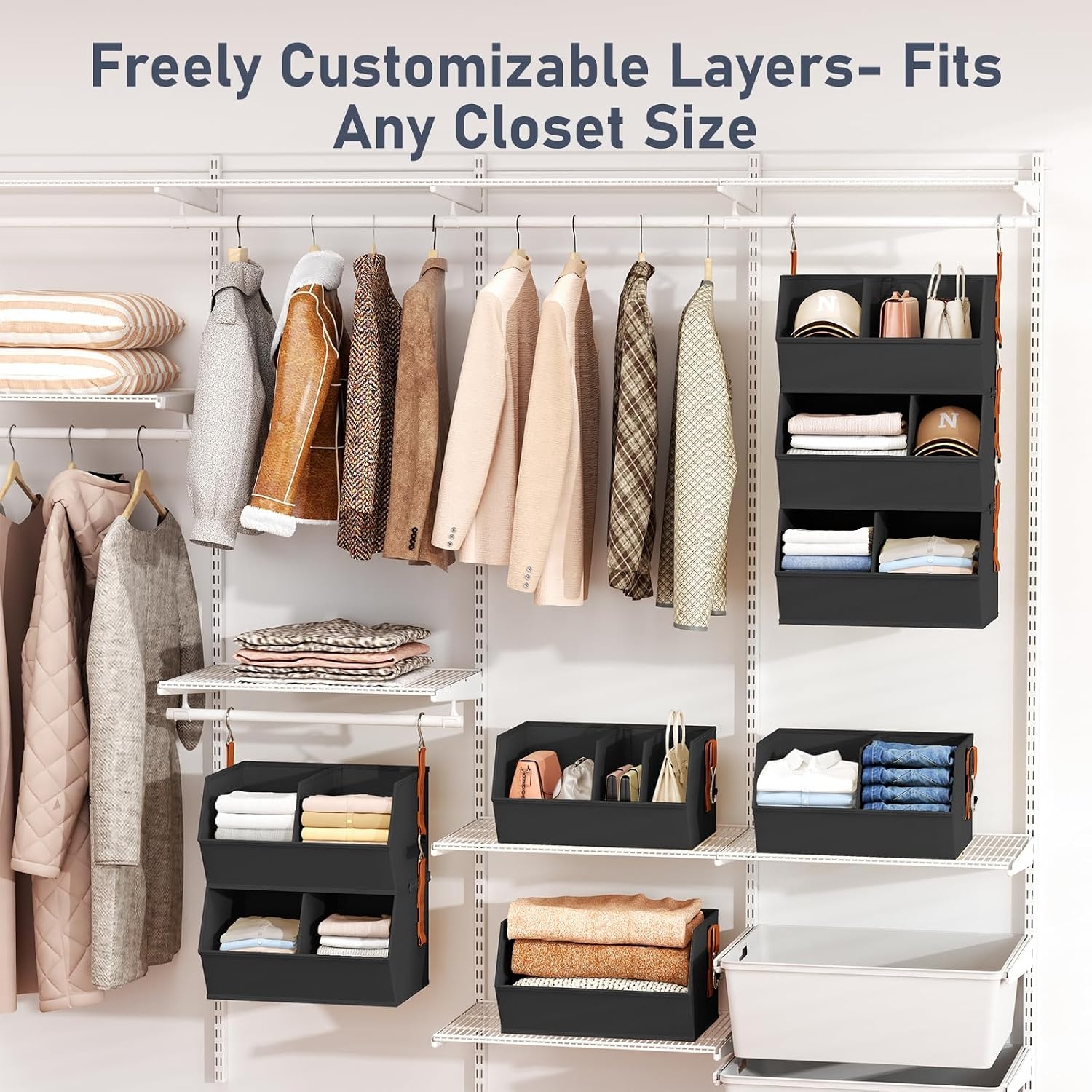 image:imageHanging Closet Organizer Extra Large Clothes Hanging Shelves for Closet with Divider Collapsible Closet Storage System Fabric Closet Hanging Organizer for Home Dorm Rv Handbags Underwear SockBlack