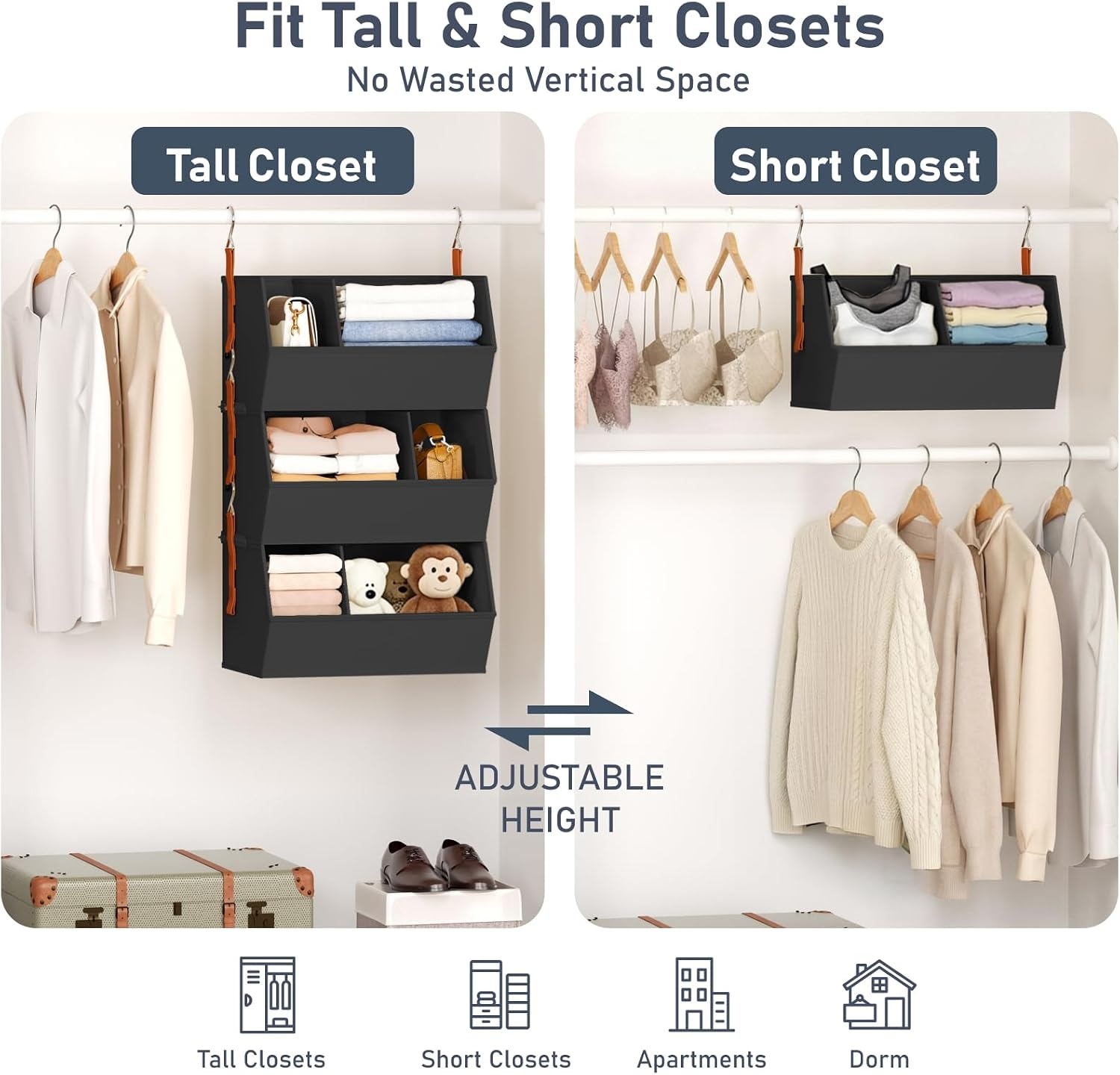 image:imageHanging Closet Organizer Extra Large Clothes Hanging Shelves for Closet with Divider Collapsible Closet Storage System Fabric Closet Hanging Organizer for Home Dorm Rv Handbags Underwear SockBlack