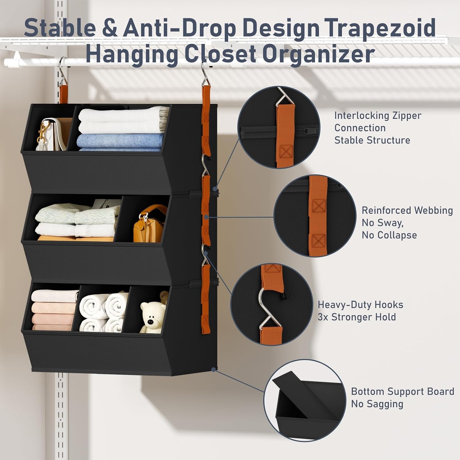image:imageHanging Closet Organizer Extra Large Clothes Hanging Shelves for Closet with Divider Collapsible Closet Storage System Fabric Closet Hanging Organizer for Home Dorm Rv Handbags Underwear SockBlack