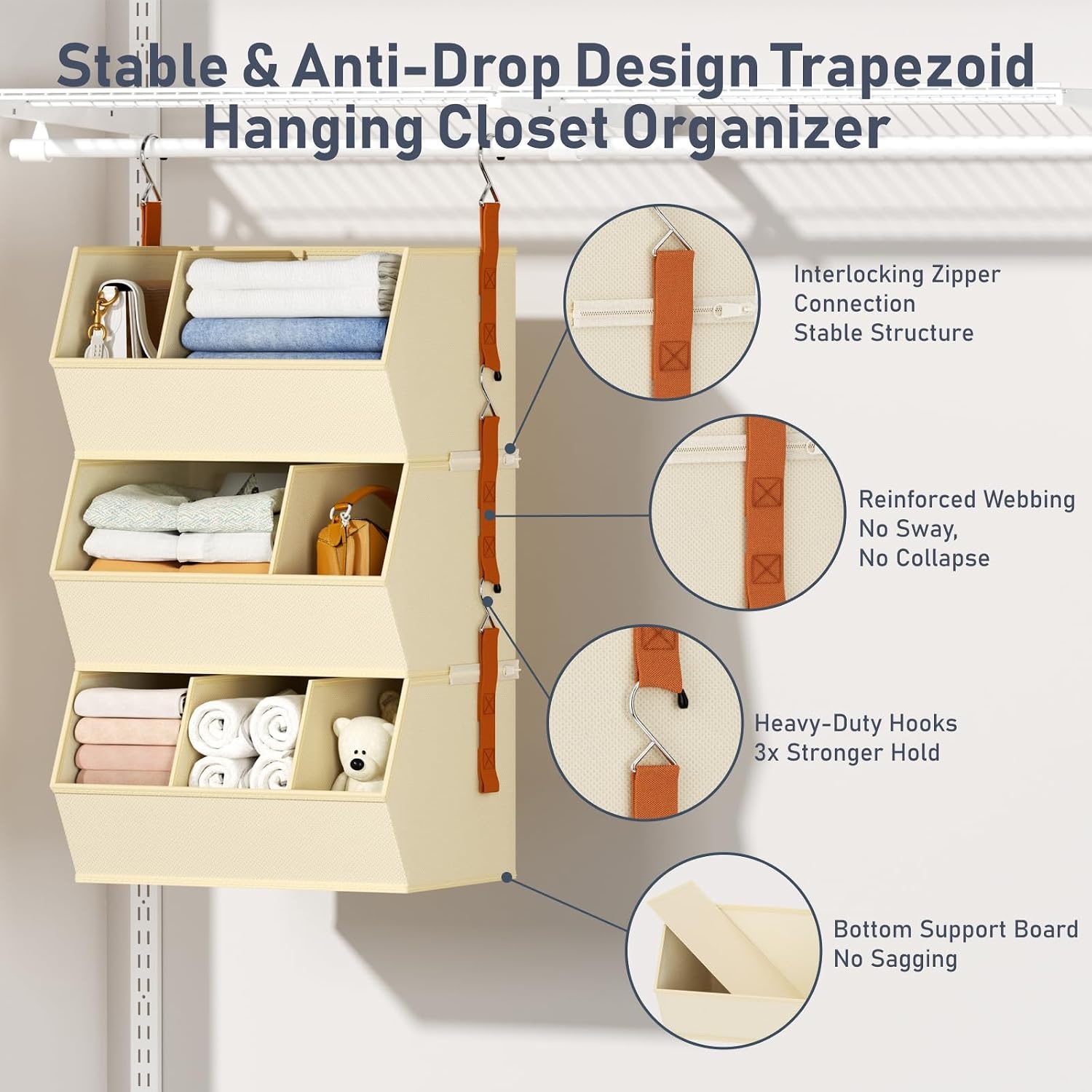 image:imageHanging Closet Organizer Extra Large Clothes Hanging Shelves for Closet with Divider Collapsible Closet Storage System Fabric Closet Hanging Organizer for Home Dorm Rv Handbags Underwear SockBeige