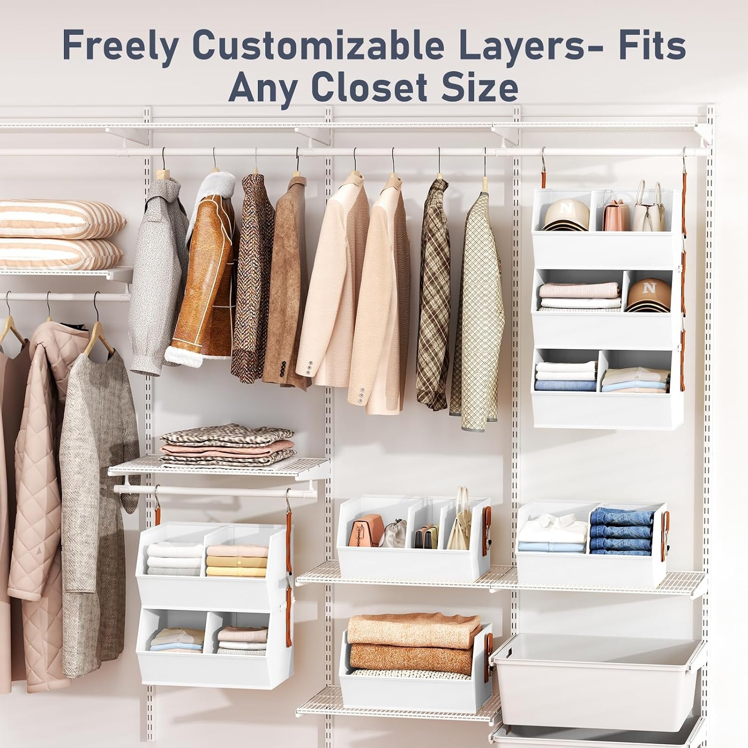 image:imageHanging Closet Organizer Extra Large Clothes Hanging Shelves for Closet with Divider Collapsible Closet Storage System Fabric Closet Hanging Organizer for Home Dorm Rv Handbags Underwear SockWhite