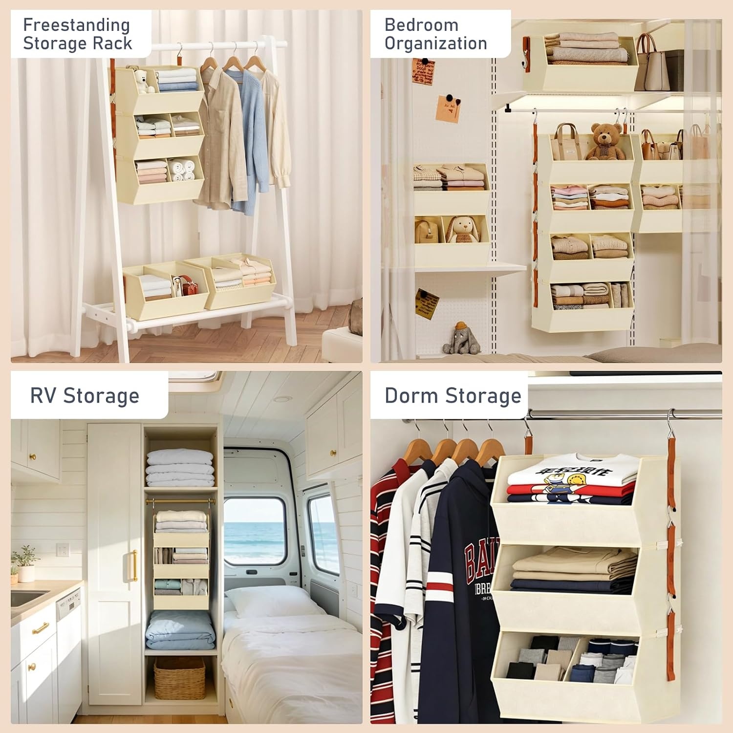 image:imageHanging Closet Organizer Extra Large Clothes Hanging Shelves for Closet with Divider Collapsible Closet Storage System Fabric Closet Hanging Organizer for Home Dorm Rv Handbags Underwear SockBeige