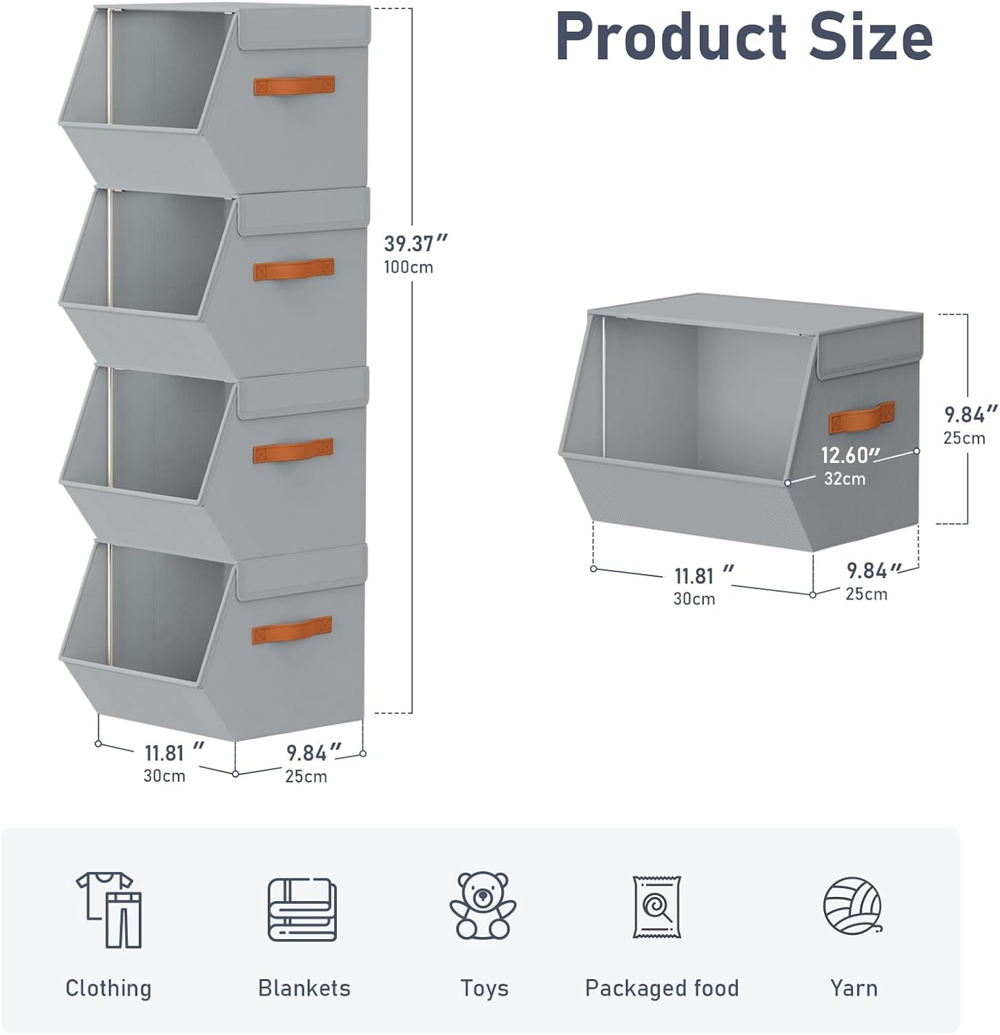image:imageStackable Closet Organizers and Storage Bins Open Front Closet Shelf Organizer System With Steel Frame Clothes Storage Basket Fabric Collapsible Closet Drawers for Wardrobe Nursery Toy 4 PackGrey