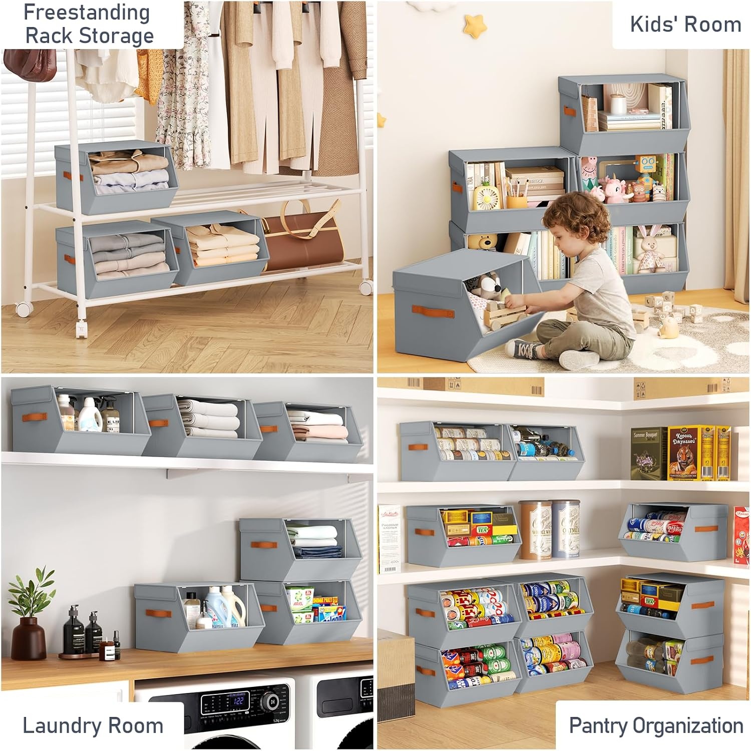 image:imageStackable Closet Organizers and Storage Bins Open Front Closet Shelf Organizer System With Steel Frame Clothes Storage Basket Fabric Collapsible Closet Drawers for Wardrobe Nursery Toy 4 PackGrey