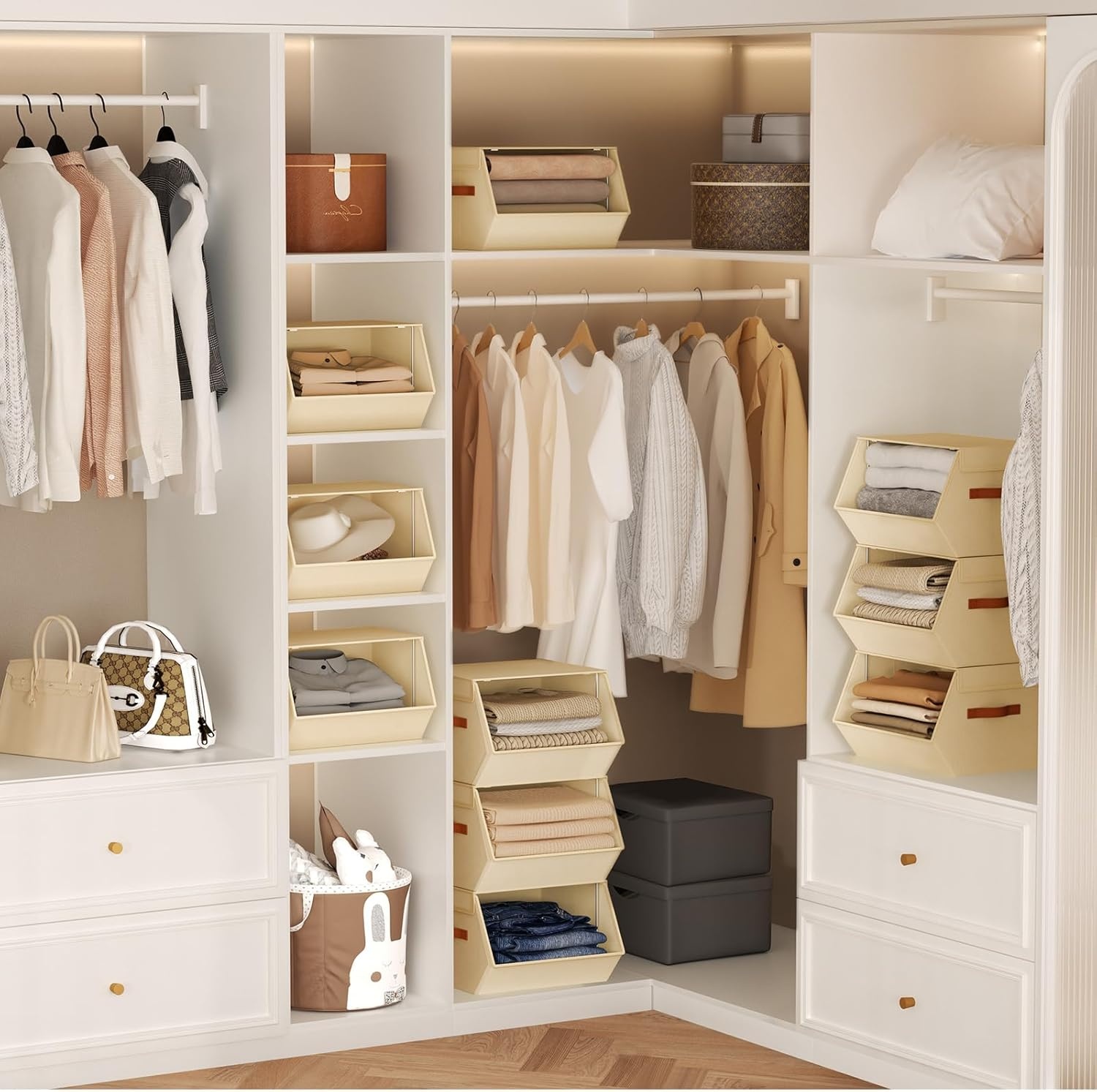 image:imageStackable Closet Organizers and Storage Bins Open Front Closet Shelf Organizer System With Steel Frame Clothes Storage Basket Fabric Collapsible Closet Drawers for Wardrobe Nursery Toy 4 PackBeige