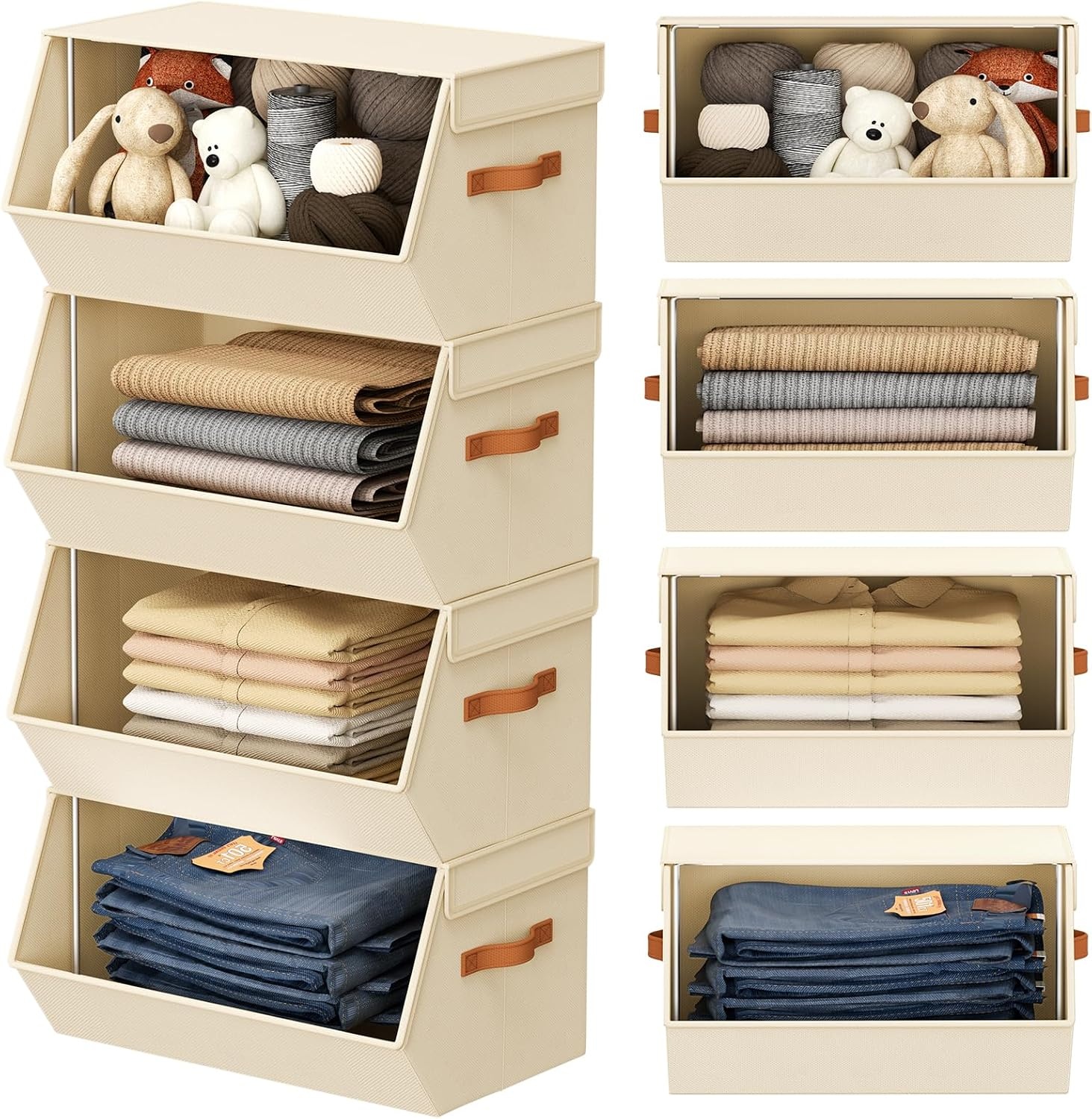 image:imageStackable Closet Organizers and Storage Bins Open Front Closet Shelf Organizer System With Steel Frame Clothes Storage Basket Fabric Collapsible Closet Drawers for Wardrobe Nursery Toy 4 PackBeige