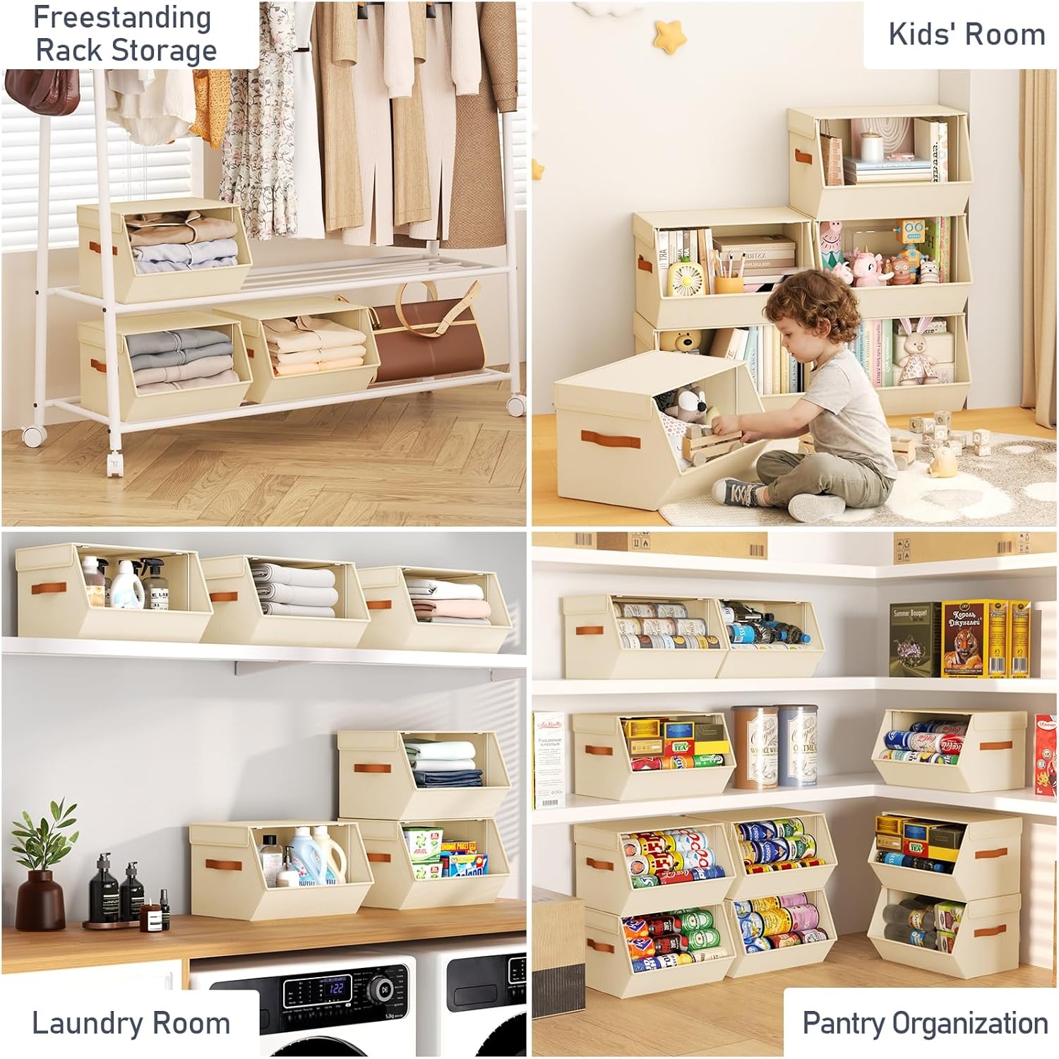 image:imageStackable Closet Organizers and Storage Bins Open Front Closet Shelf Organizer System With Steel Frame Clothes Storage Basket Fabric Collapsible Closet Drawers for Wardrobe Nursery Toy 4 PackBeige