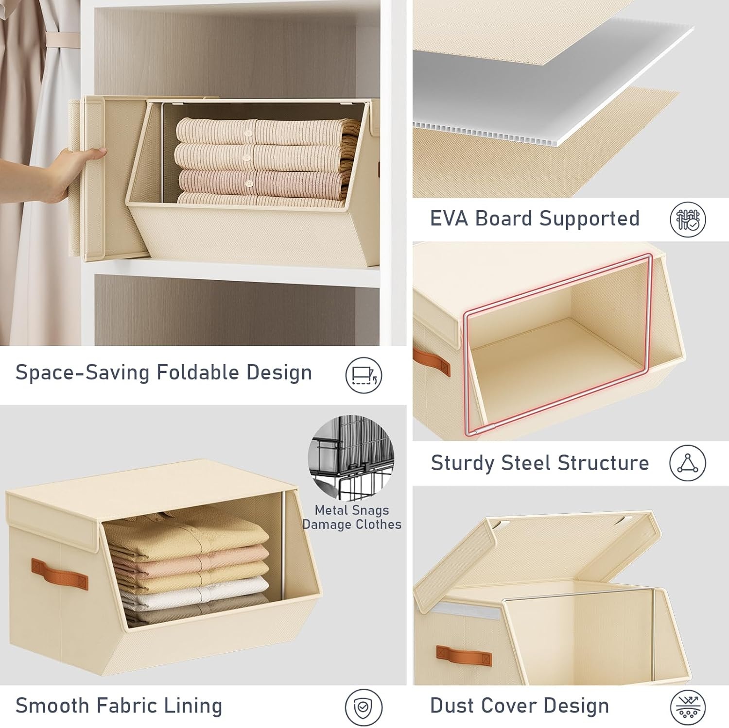 image:imageStackable Closet Organizers and Storage Bins Open Front Closet Shelf Organizer System With Steel Frame Clothes Storage Basket Fabric Collapsible Closet Drawers for Wardrobe Nursery Toy 4 PackBeige