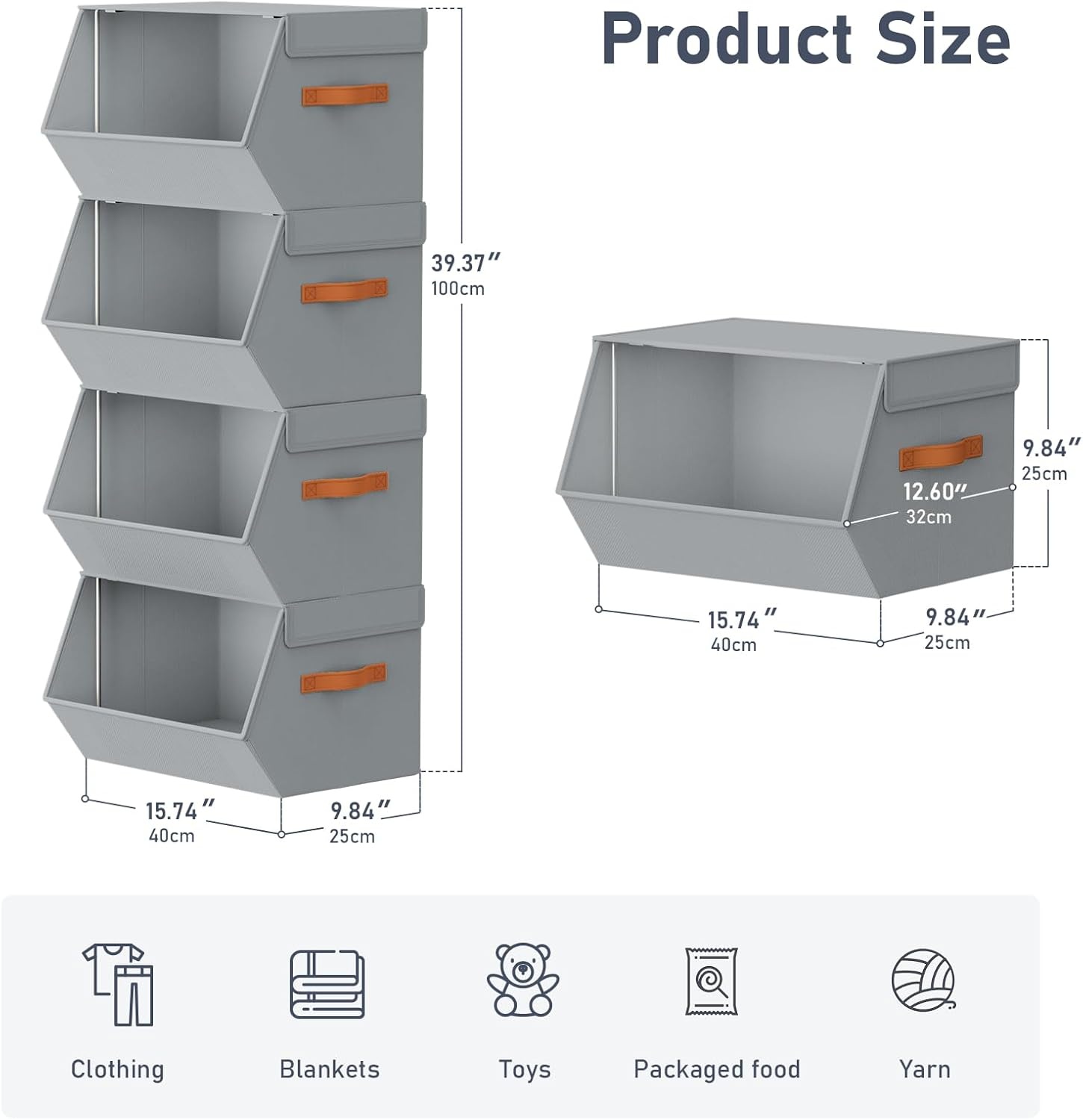 image:imageStackable Closet Organizers and Storage Bins Open Front Closet Shelf Organizer System With Steel Frame Clothes Storage Basket Fabric Collapsible Closet Drawers for Wardrobe Nursery Toy 4 PackGrey