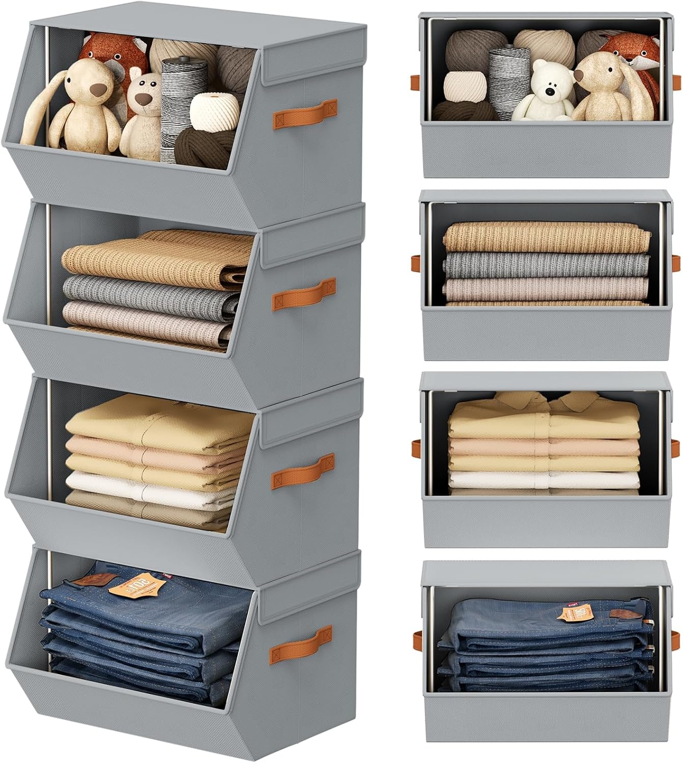 image:imageStackable Closet Organizers and Storage Bins Open Front Closet Shelf Organizer System With Steel Frame Clothes Storage Basket Fabric Collapsible Closet Drawers for Wardrobe Nursery Toy 4 PackGrey