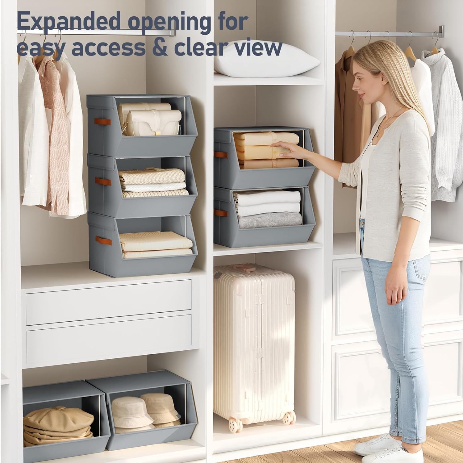 image:imageStackable Closet Organizers and Storage Bins Open Front Closet Shelf Organizer System With Steel Frame Clothes Storage Basket Fabric Collapsible Closet Drawers for Wardrobe Nursery Toy 4 PackGrey