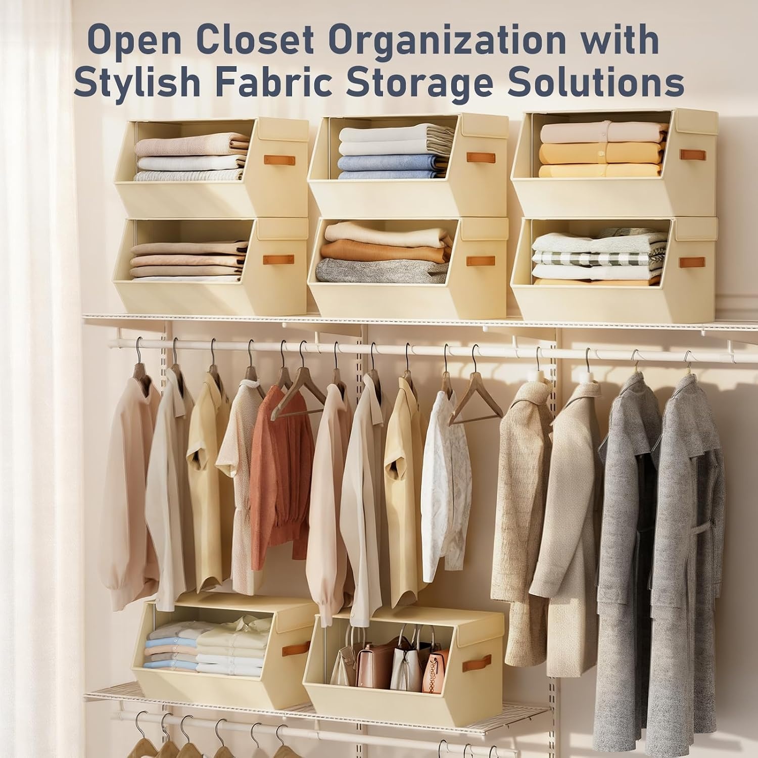 image:imageStackable Closet Organizers and Storage Bins Open Front Closet Shelf Organizer System With Steel Frame Clothes Storage Basket Fabric Collapsible Closet Drawers for Wardrobe Nursery Toy 4 PackBeige