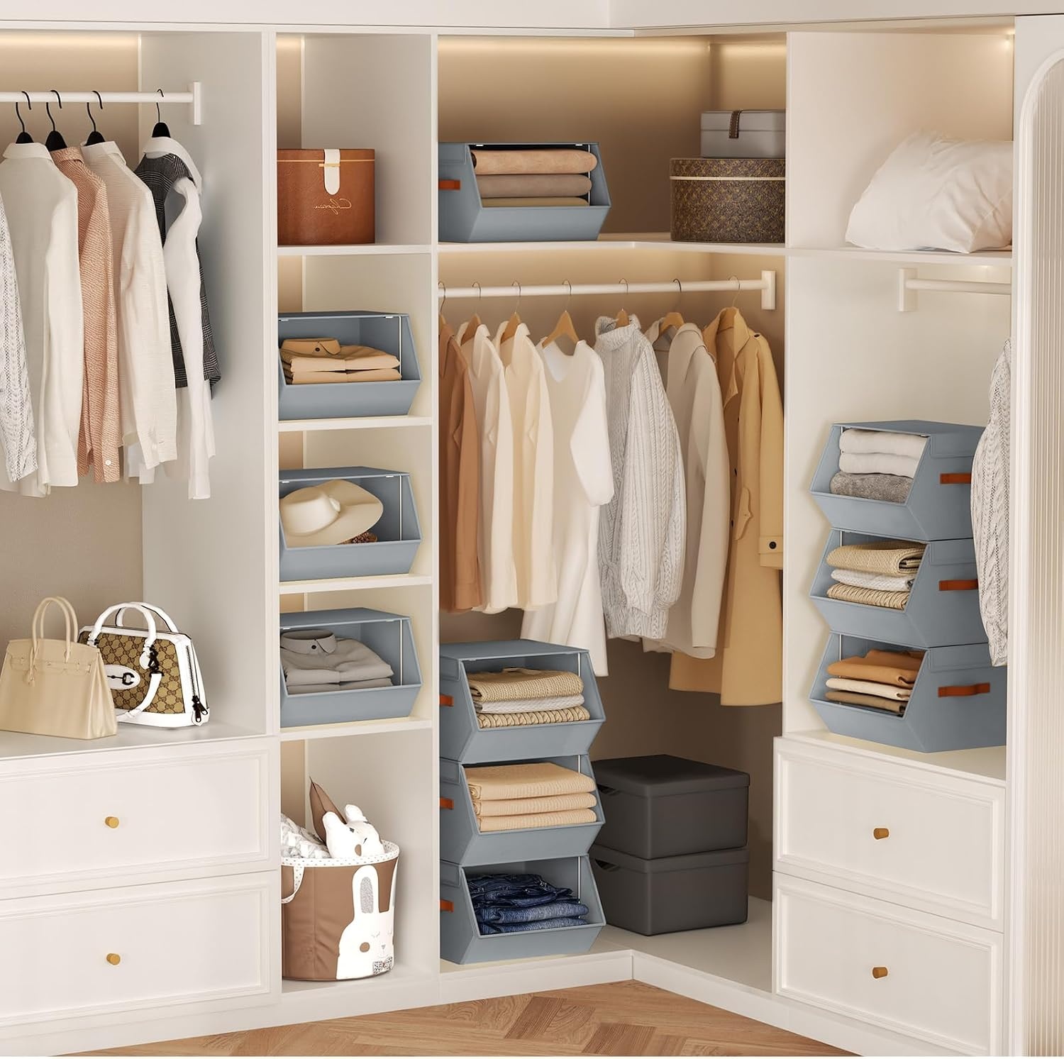 image:imageStackable Closet Organizers and Storage Bins Open Front Closet Shelf Organizer System With Steel Frame Clothes Storage Basket Fabric Collapsible Closet Drawers for Wardrobe Nursery Toy 4 PackGrey