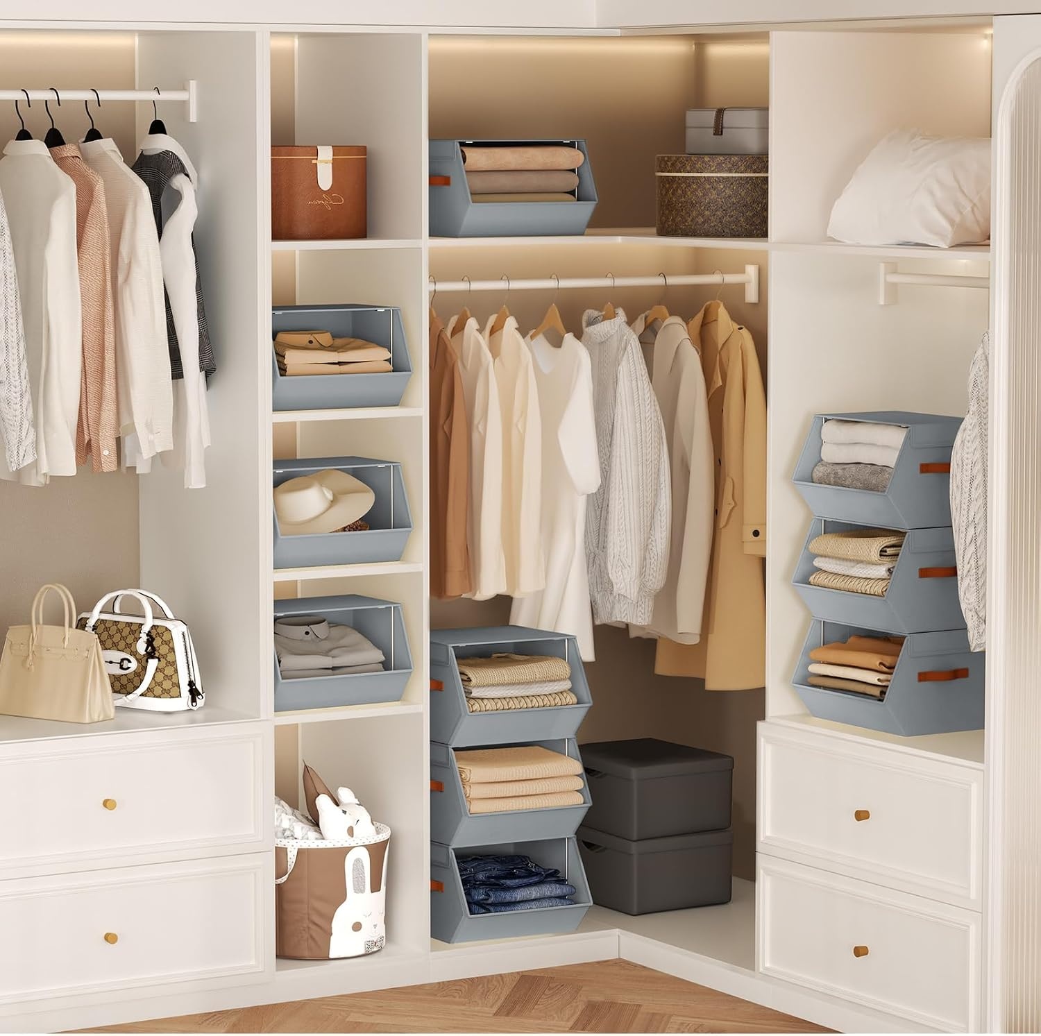 image:imageStackable Closet Organizers and Storage Bins Open Front Closet Shelf Organizer System With Steel Frame Clothes Storage Basket Fabric Collapsible Closet Drawers for Wardrobe Nursery Toy 4 PackGrey