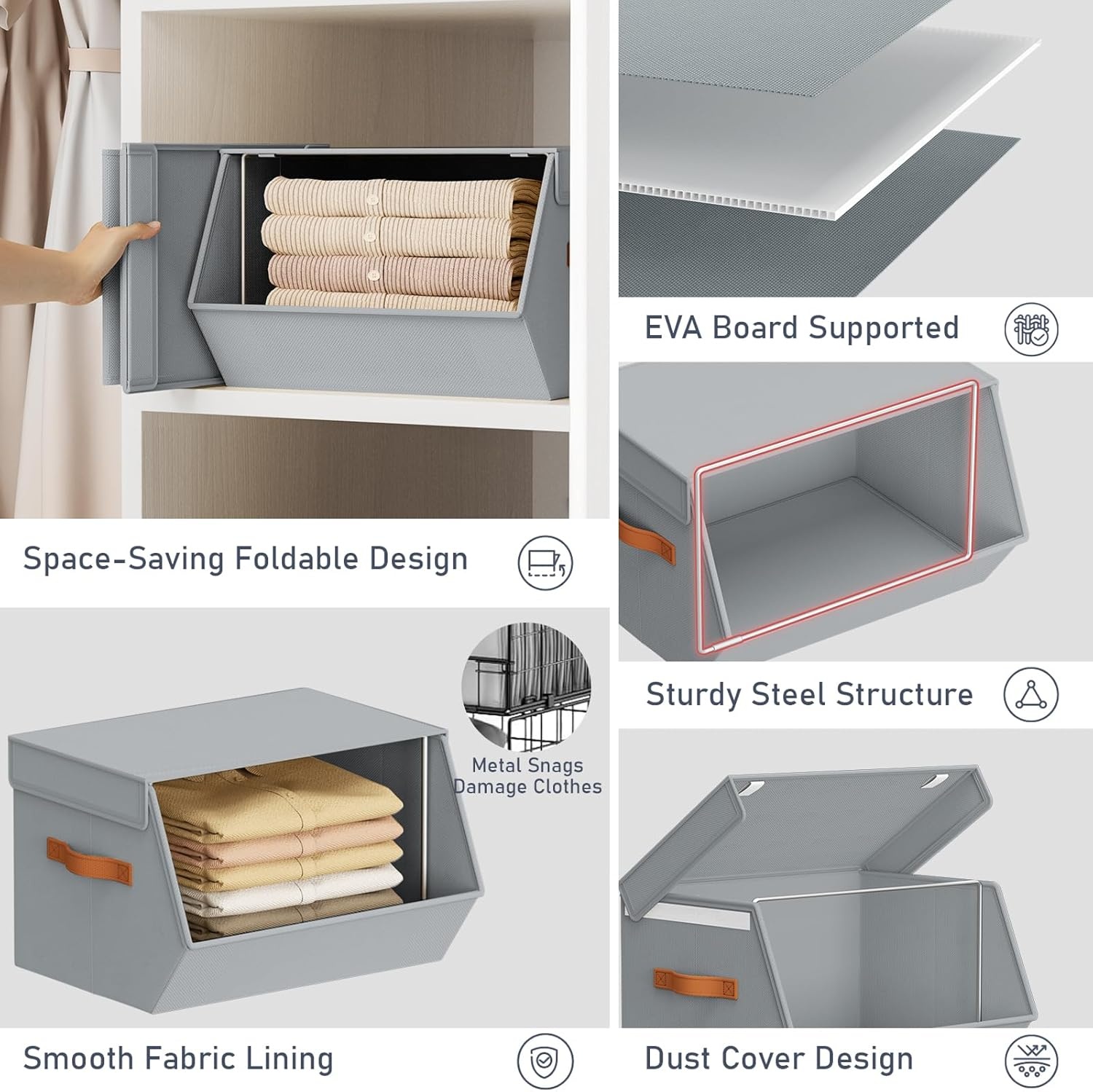 image:imageStackable Closet Organizers and Storage Bins Open Front Closet Shelf Organizer System With Steel Frame Clothes Storage Basket Fabric Collapsible Closet Drawers for Wardrobe Nursery Toy 4 PackGrey