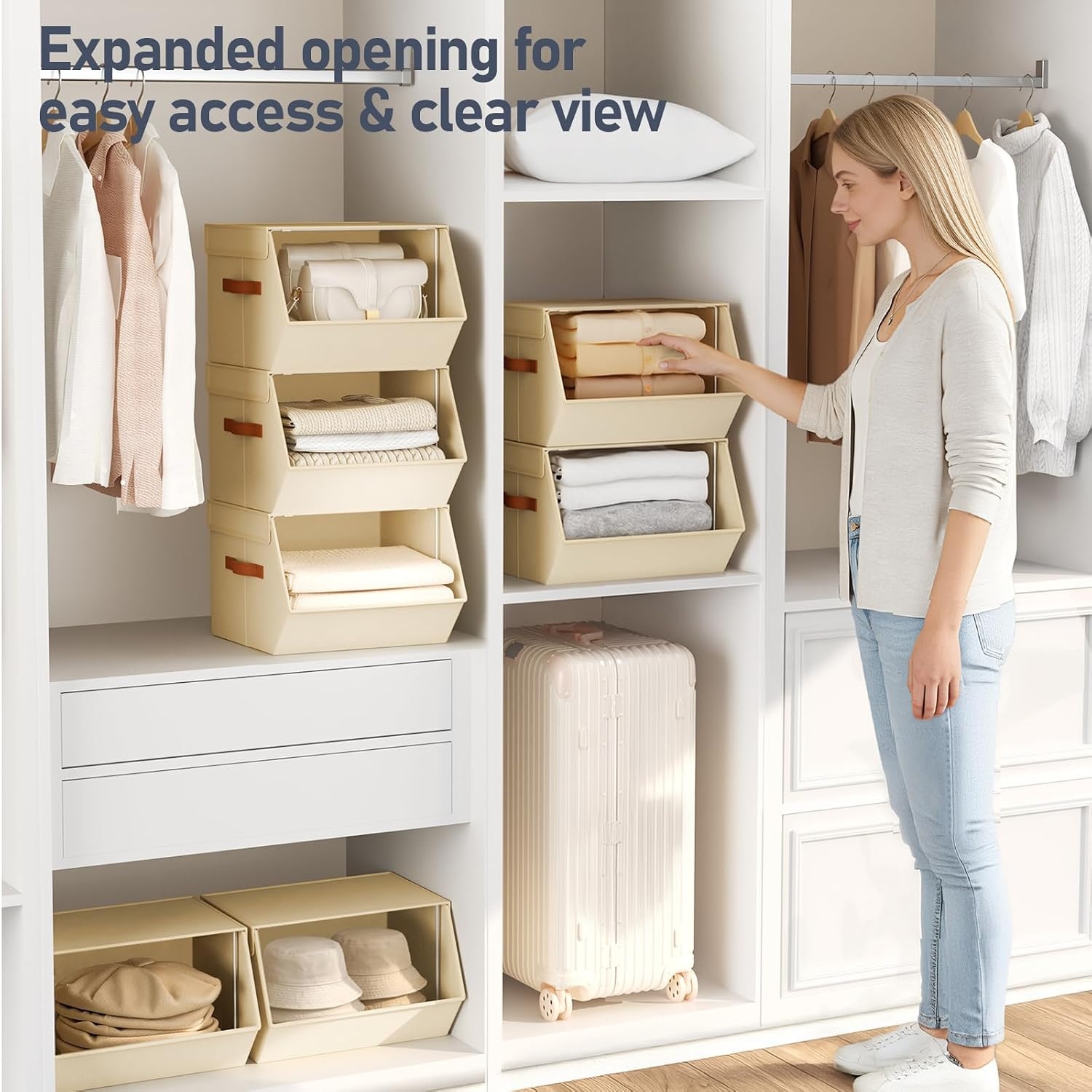 image:imageStackable Closet Organizers and Storage Bins Open Front Closet Shelf Organizer System With Steel Frame Clothes Storage Basket Fabric Collapsible Closet Drawers for Wardrobe Nursery Toy 4 PackBeige