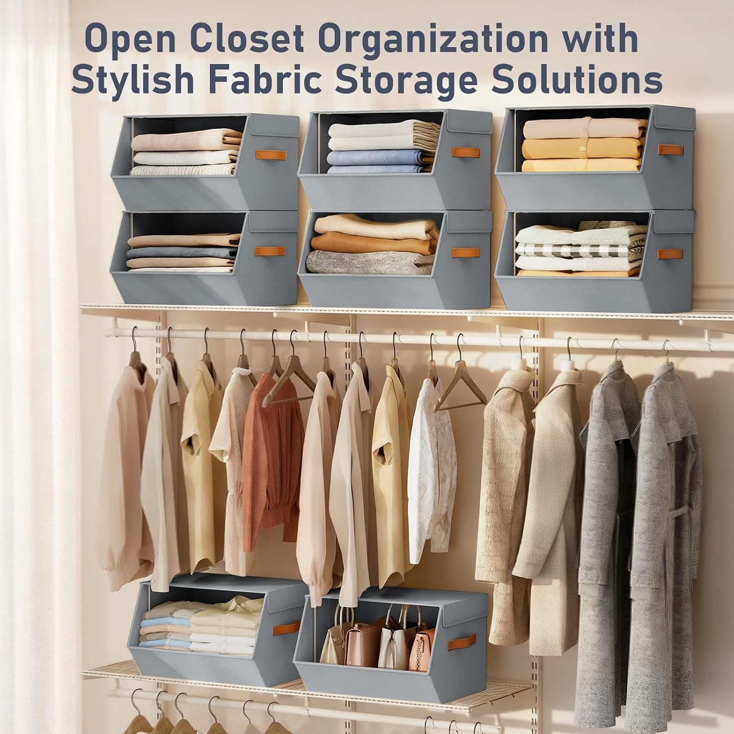 image:imageStackable Closet Organizers and Storage Bins Open Front Closet Shelf Organizer System With Steel Frame Clothes Storage Basket Fabric Collapsible Closet Drawers for Wardrobe Nursery Toy 4 PackGrey
