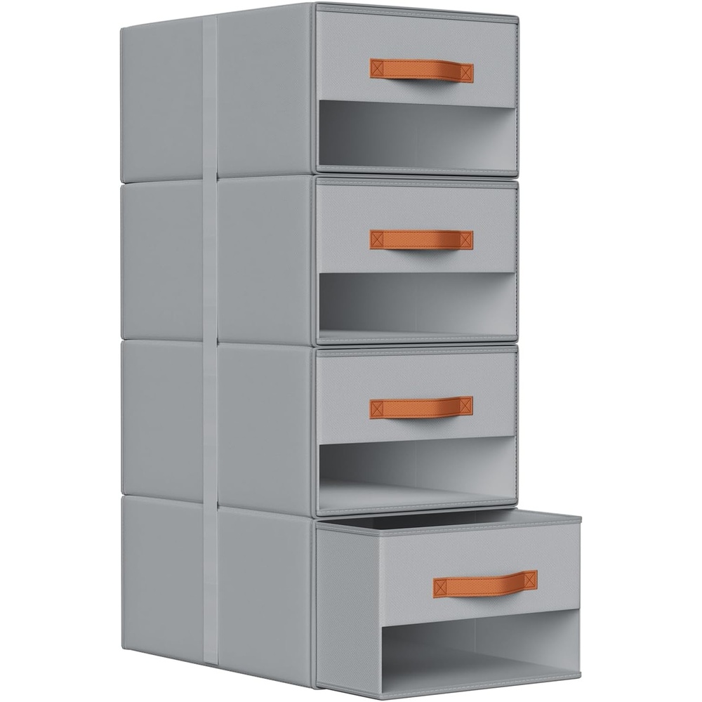 image:imageDIMJ Closet Organizers and Storage Foldable Storage Bins with Drawers Fabric Stackable Storage Drawers with Clear WindowFabric Clothes Organizers and Storage Drawers for Closet 4Pack BlackGrey