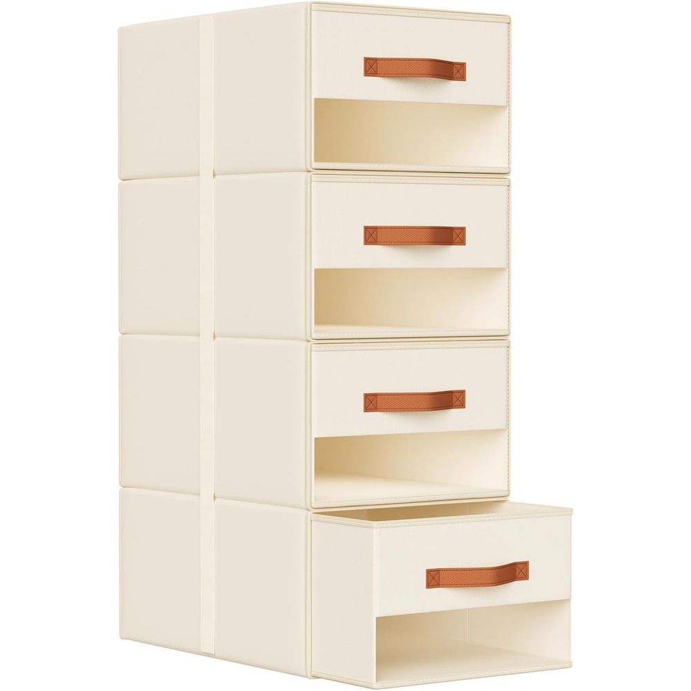 image:imageDIMJ Closet Organizers and Storage Foldable Storage Bins with Drawers Fabric Stackable Storage Drawers with Clear WindowFabric Clothes Organizers and Storage Drawers for Closet 4Pack BlackBeige