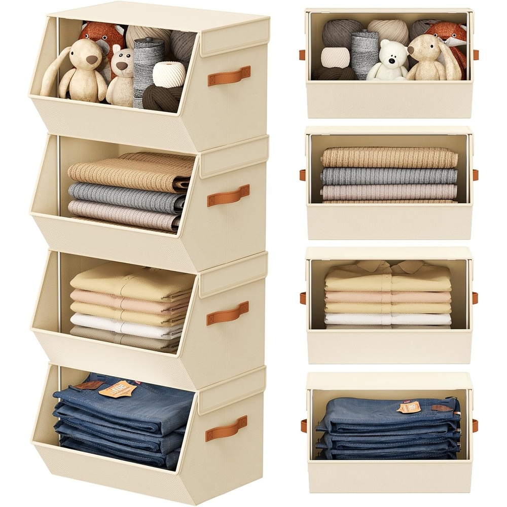 image:imageStackable Closet Organizers and Storage Bins Open Front Closet Shelf Organizer System With Steel Frame Clothes Storage Basket Fabric Collapsible Closet Drawers for Wardrobe Nursery Toy 4 PackBeige