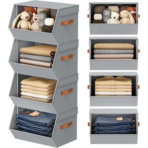 image:imageStackable Closet Organizers and Storage Bins Open Front Closet Shelf Organizer System With Steel Frame Clothes Storage Basket Fabric Collapsible Closet Drawers for Wardrobe Nursery Toy 4 PackGrey